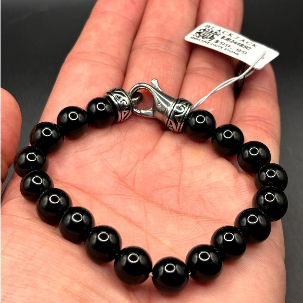 Blackjack BJS244BSO Men's Black Onyx Beaded Bracelet Stainless Steel NIBWT - Picture 4 of 15